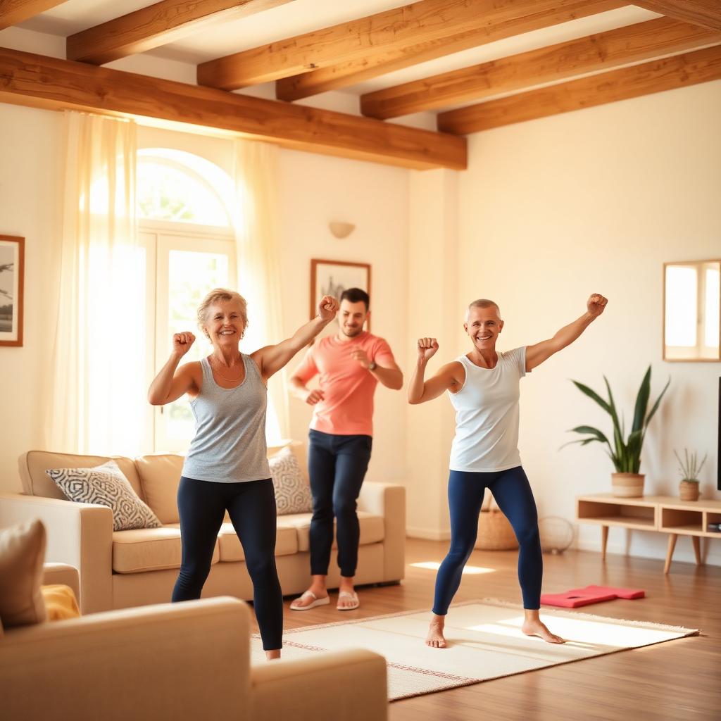 Couple de seniors faisant des exercices doux avec leur coach sportif à domicile à Draguignan