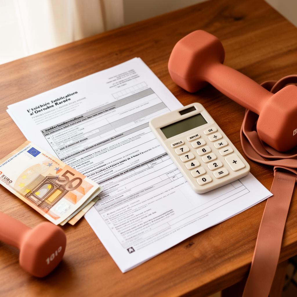 Document fiscal, calculatrice, billets et matériel de sport pour illustrer le crédit d'impôt coach sportif